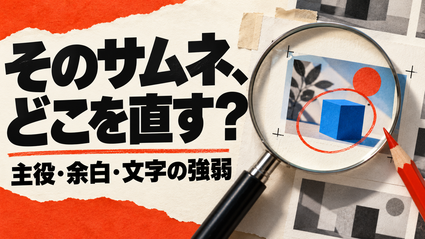 問いかけと赤入れで修正のテーマを伝えるサムネイル